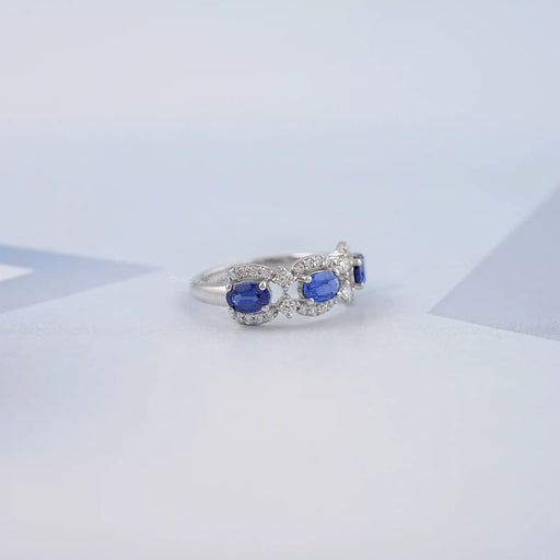 Three Stone Sapphire Oval Gemstone Halo Ring