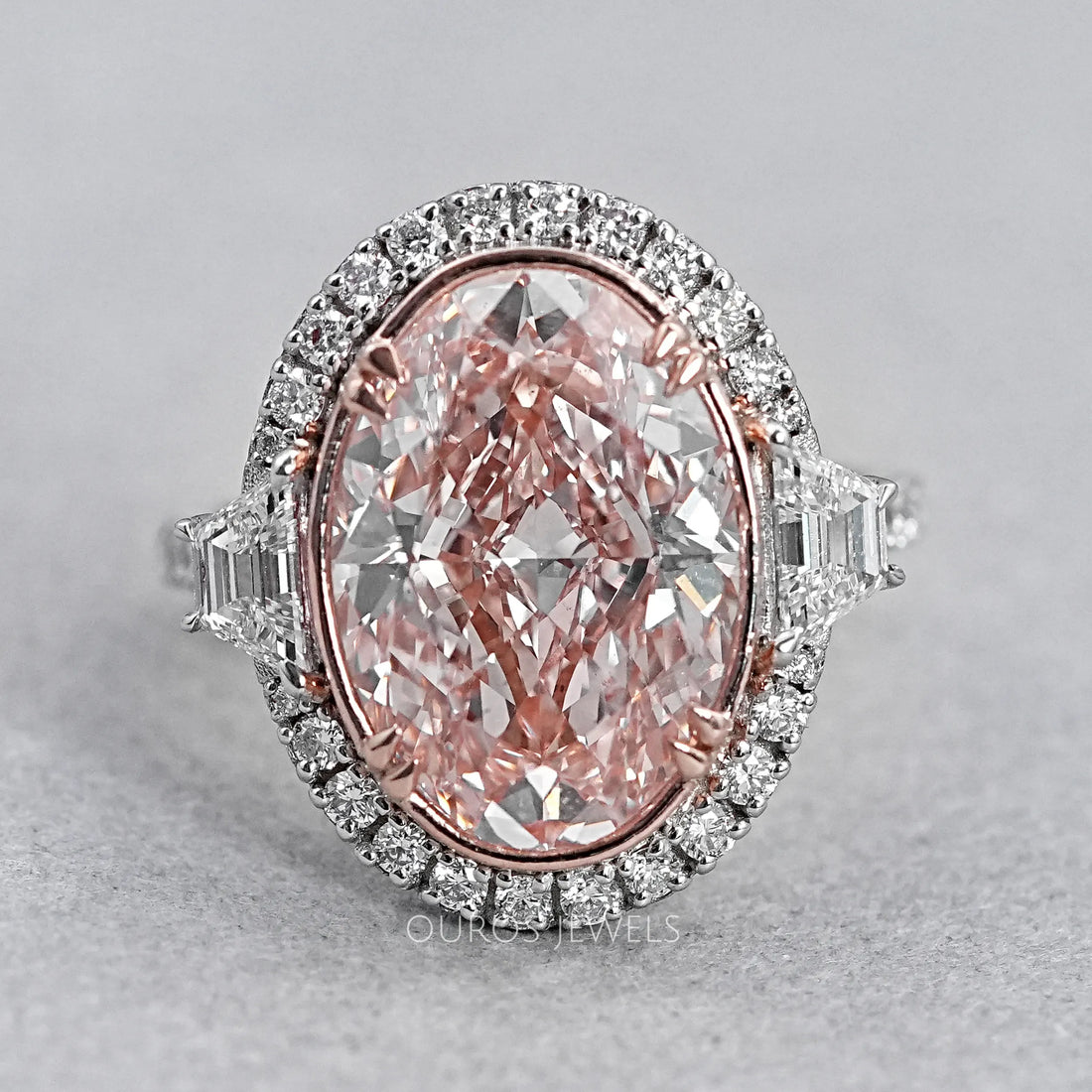 Trapezoid With Pink Oval Accent Halo Diamond Ring Rings