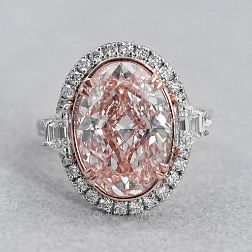 Trapezoid With Pink Oval Accent Halo Diamond Ring Rings