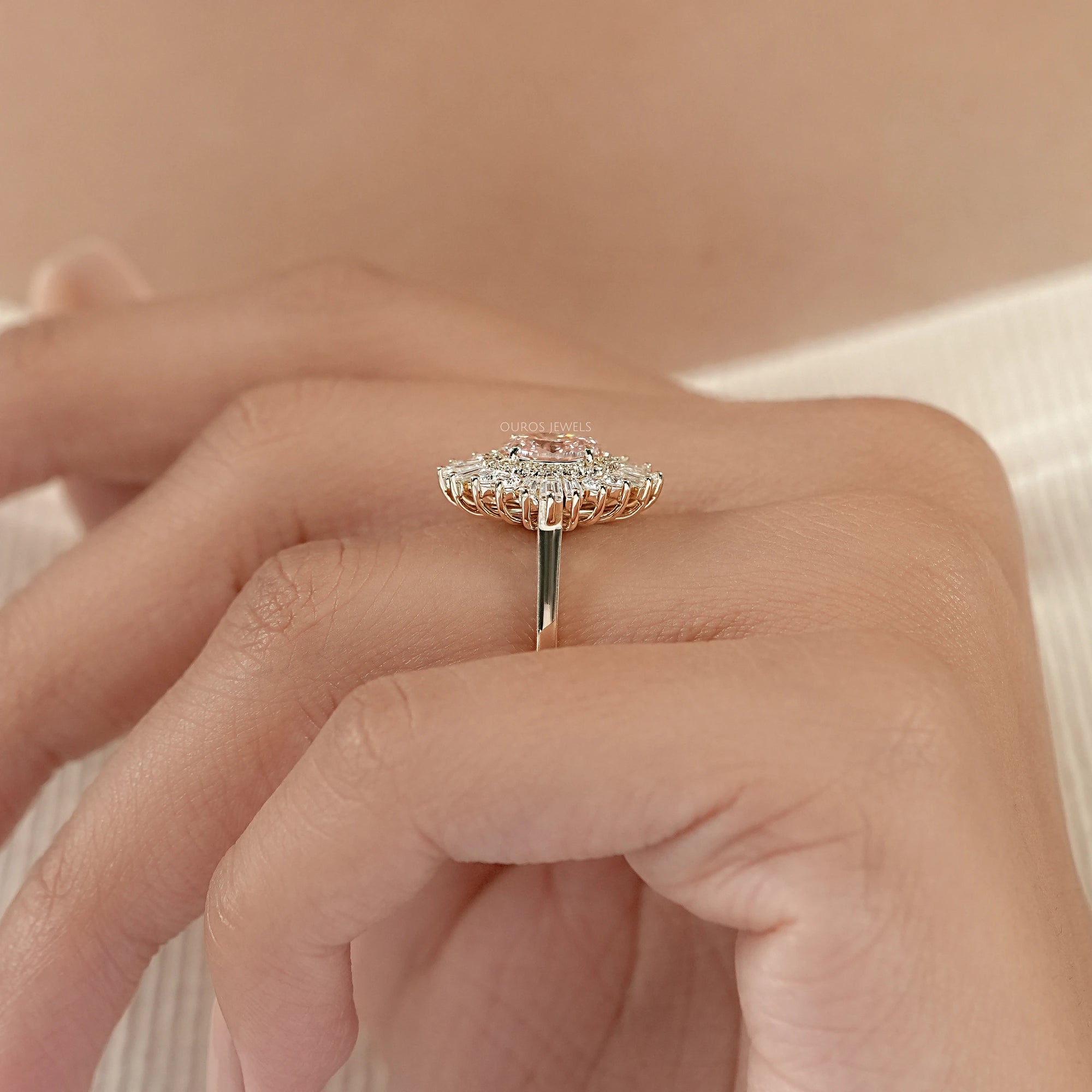 Fancy Vivid Pink Oval Cut Double Halo Sunbrust Ring
