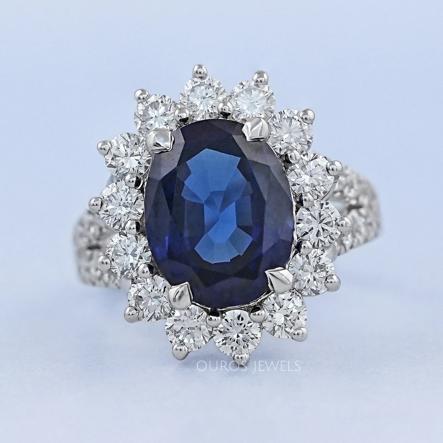Sapphire Oval Gemstone Halo Split Shank Engagement Ring Rings