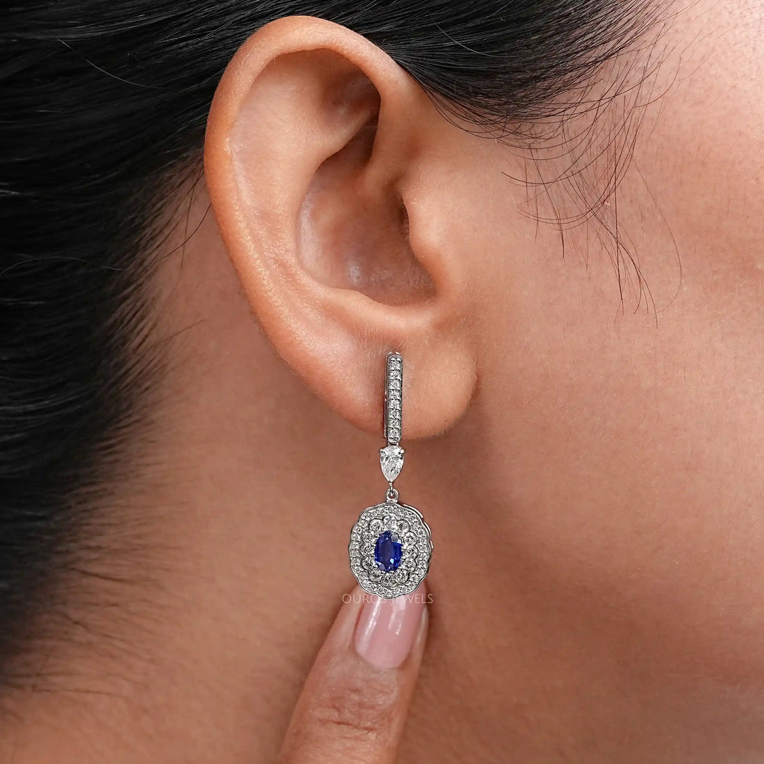Oval Sapphire and Diamond Double Halo Earrings