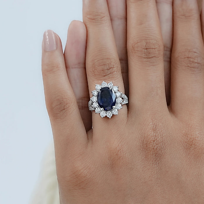 Sapphire Oval Gemstone Halo Split Shank Engagement Ring Rings