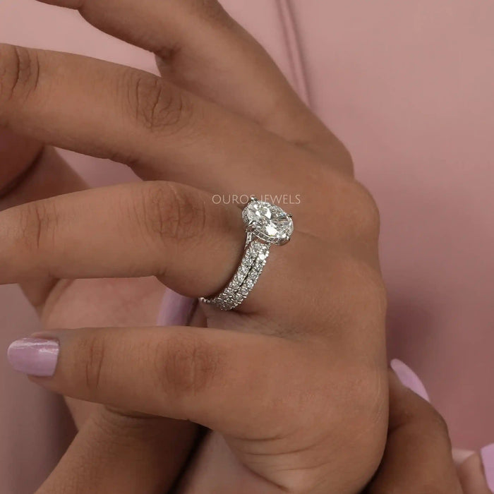 [Hidden Halo Oval Diamond Wedding Ring Set]-[Ouros Jewels]