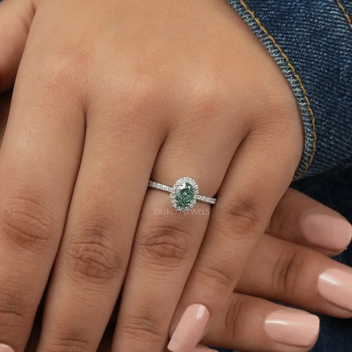 [Oval Cut Green Diamond Halo Engagement Ring]-[Ouros Jewels]