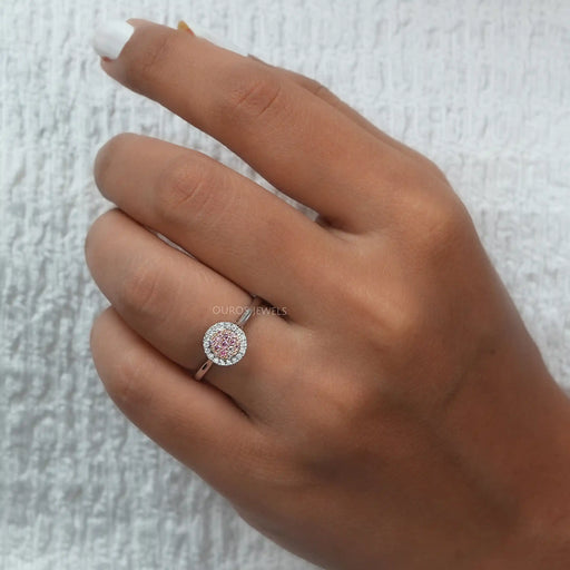 [A Women Wearing Pink Lab Diamond Cluster Ring]-[Ouros Jewels]