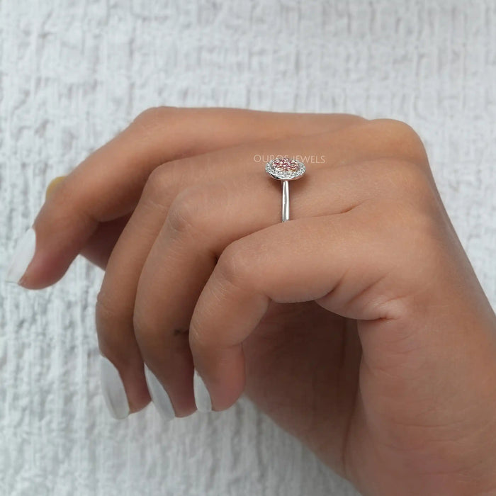 [A Women wearing Round Lab Diamond Engagement Ring]-[Ouros Jewels]