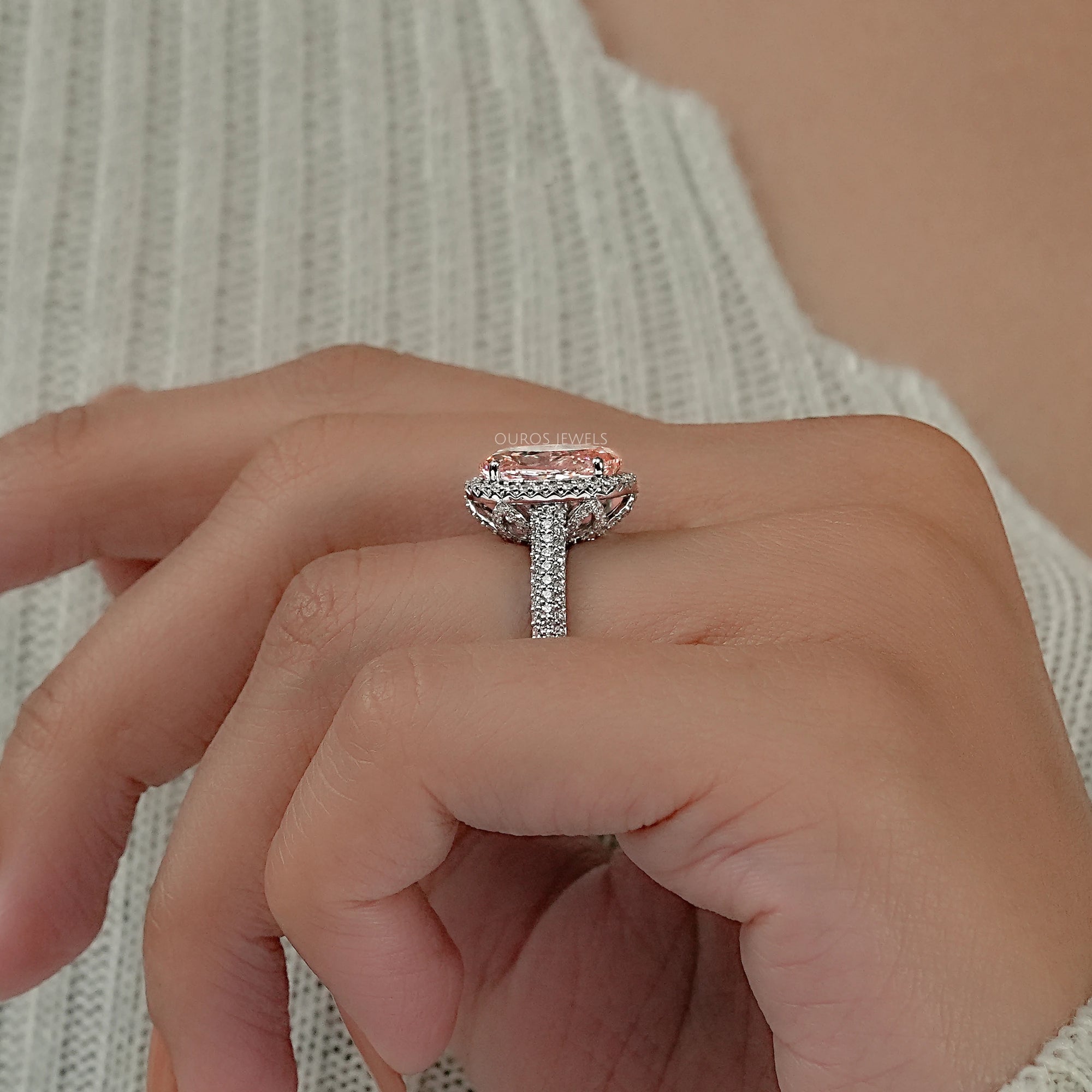 Fancy Pink Oval Diamond Pave Set Accent Ring Ring