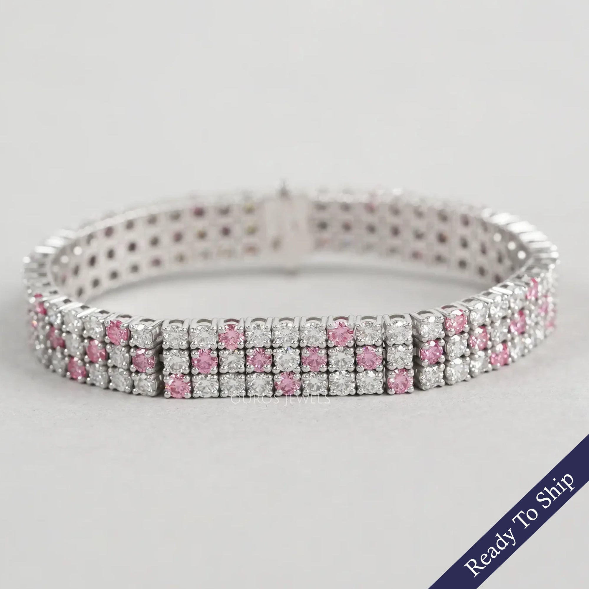 Three Row Pink Round Diamond Tennis Bracelet Bracelet