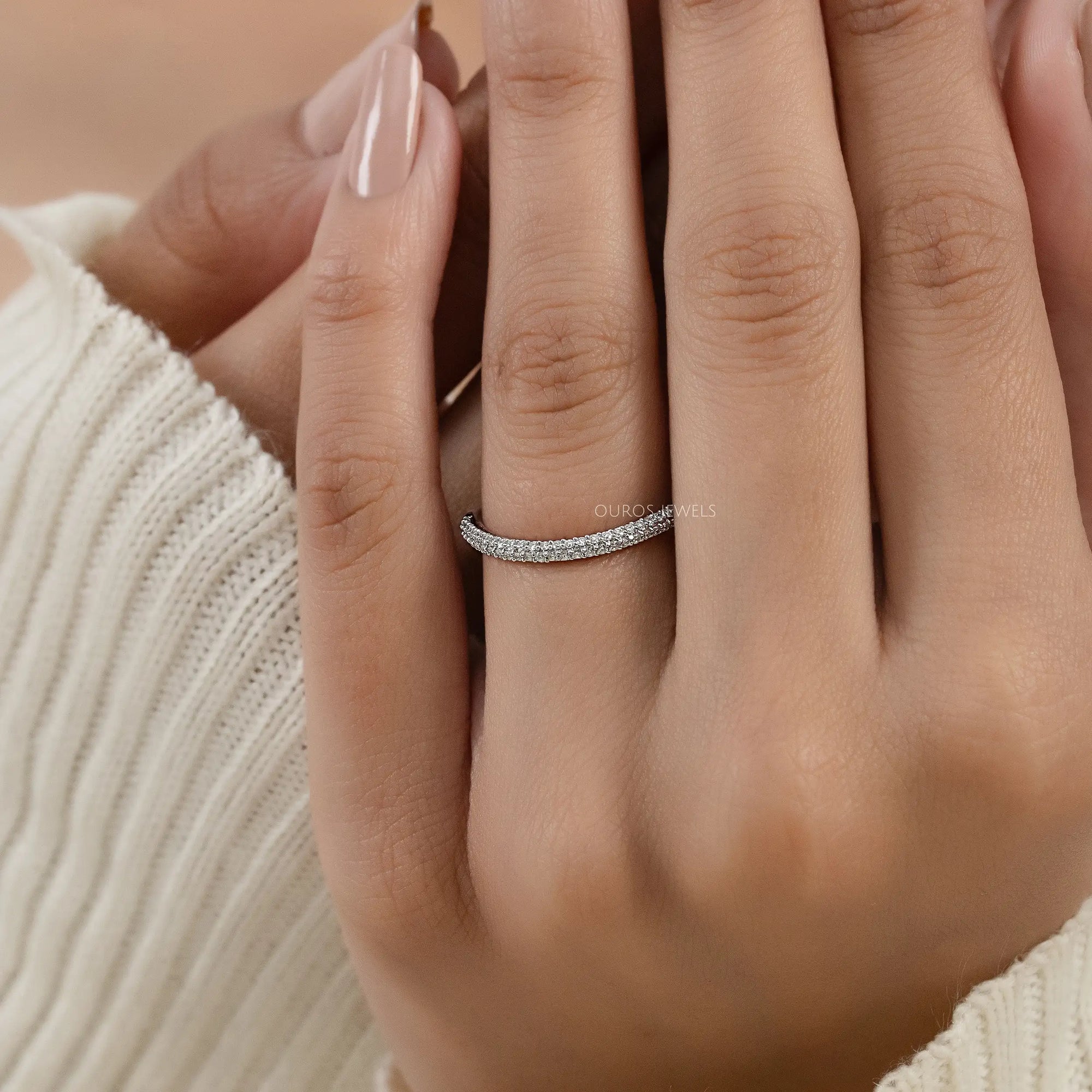 Pave Set Round Lab Diamond Curved Band Ring