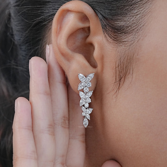 Multi Shape Diamond Dangle Drop Cluster Earrings
