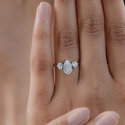 Three Stone Pear Diamond Hidden Halo Engagement Ring Rings