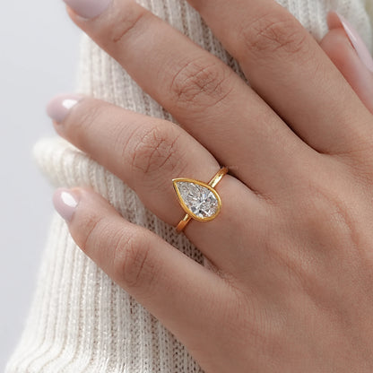 Bezel Set Pear Cut Lab Solitaire Ring Rings
