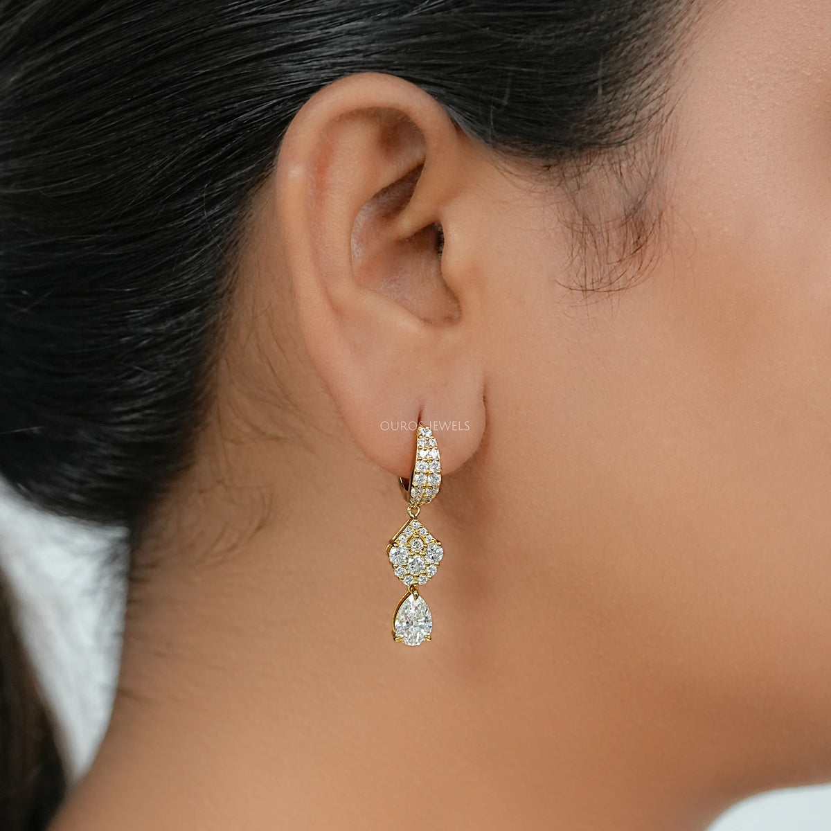 Pear And Round Diamond Pave Dangle Hoop Earrings