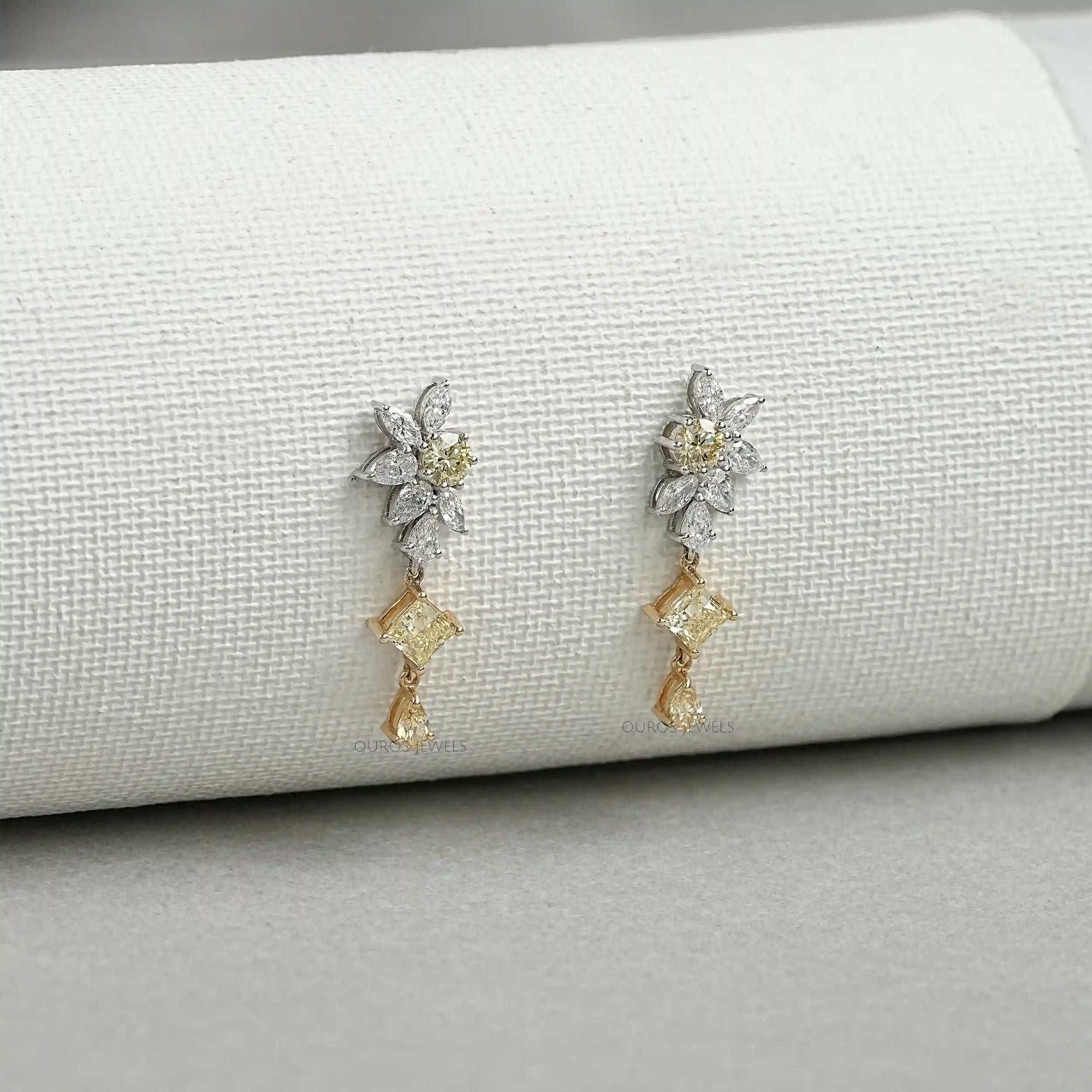 Yellow And White Diamond Floral Drop Earrings Earrings