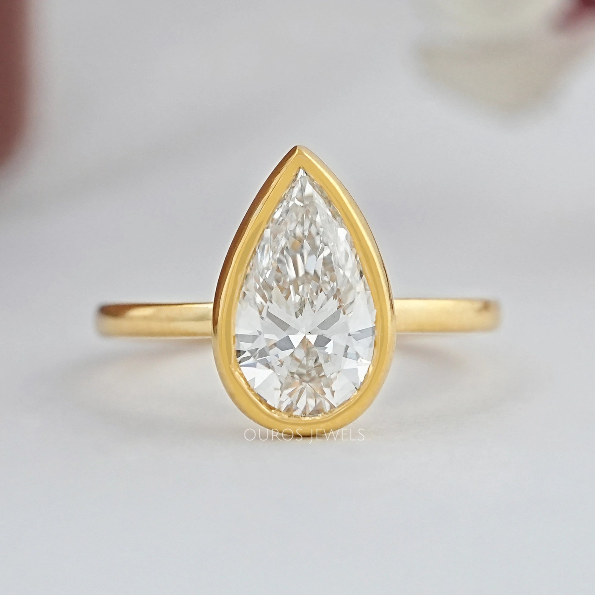 Bezel Set Pear Cut Lab Solitaire Ring Rings