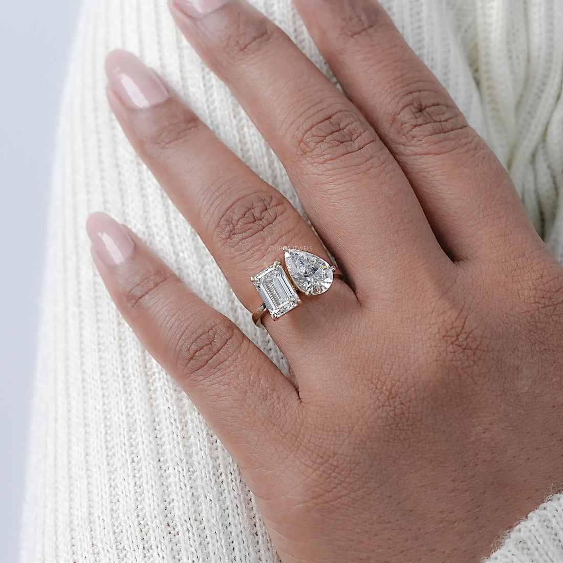 Pear And Emerald Diamond Two Stone Ring Ring