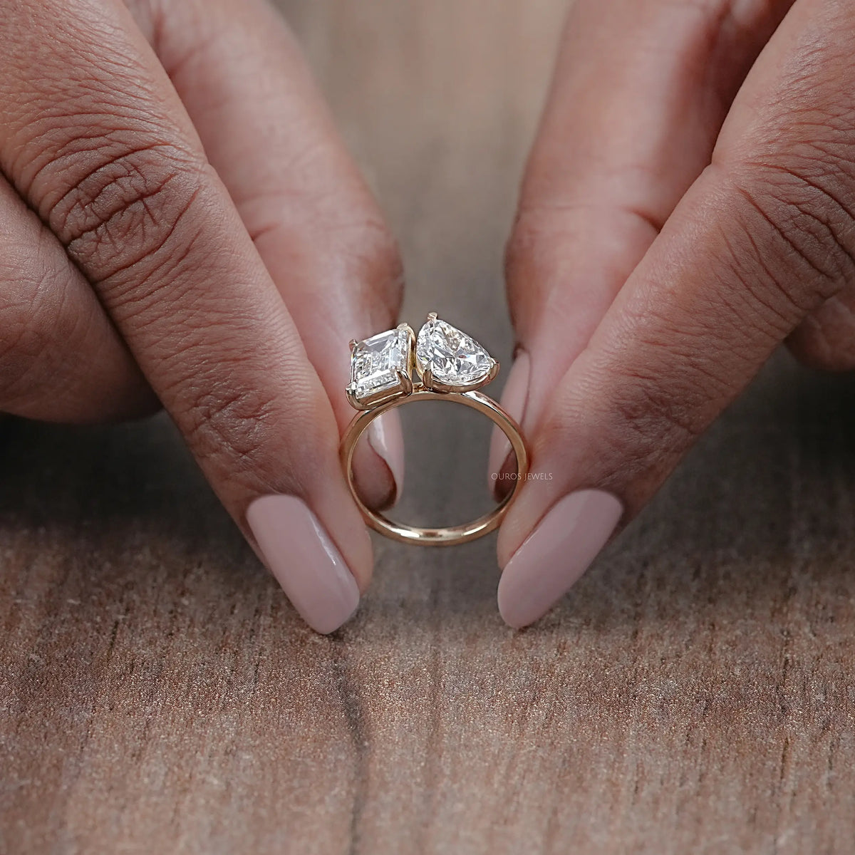 Pear And Emerald Diamond Two Stone Ring Ring