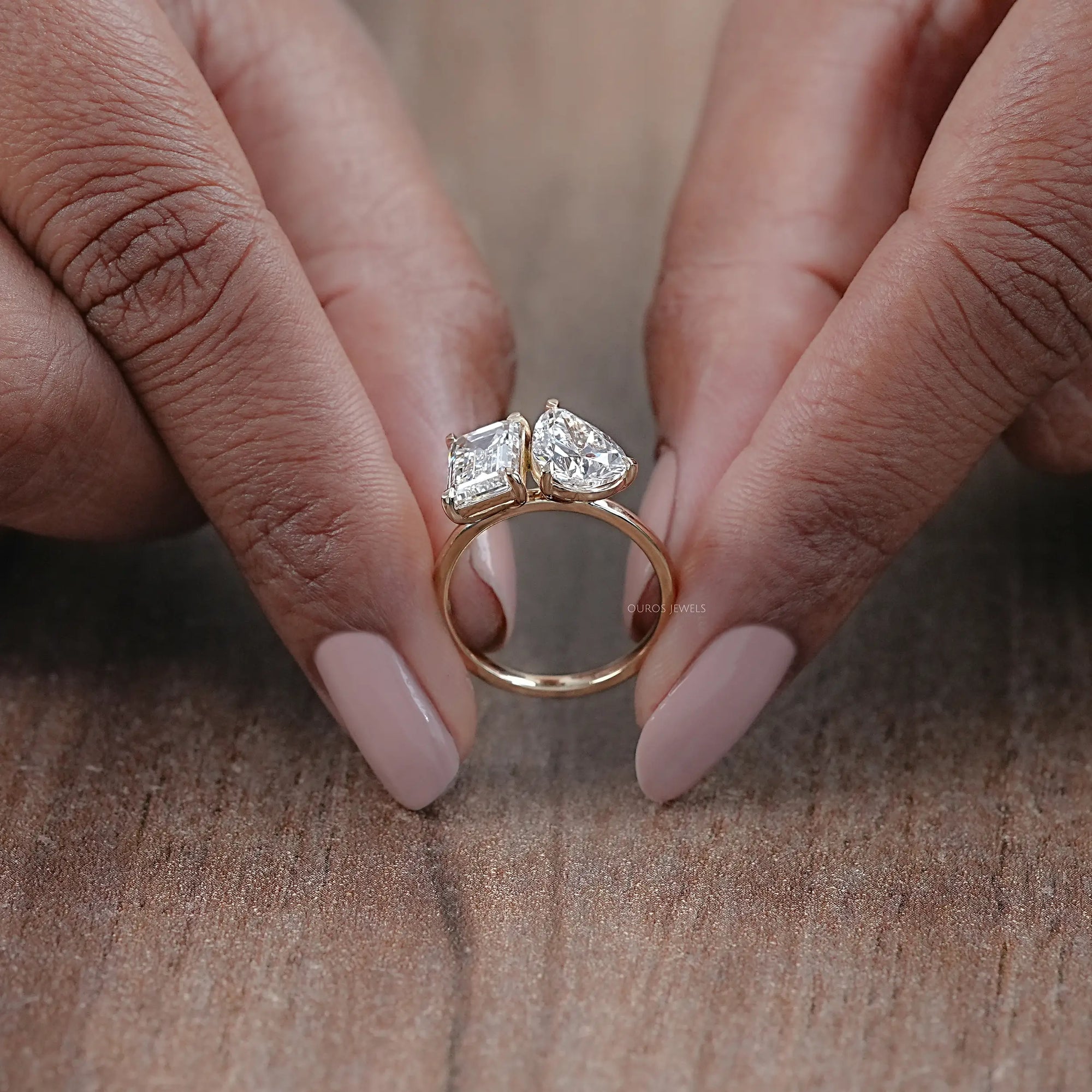 Pear And Emerald Diamond Two Stone Ring Ring