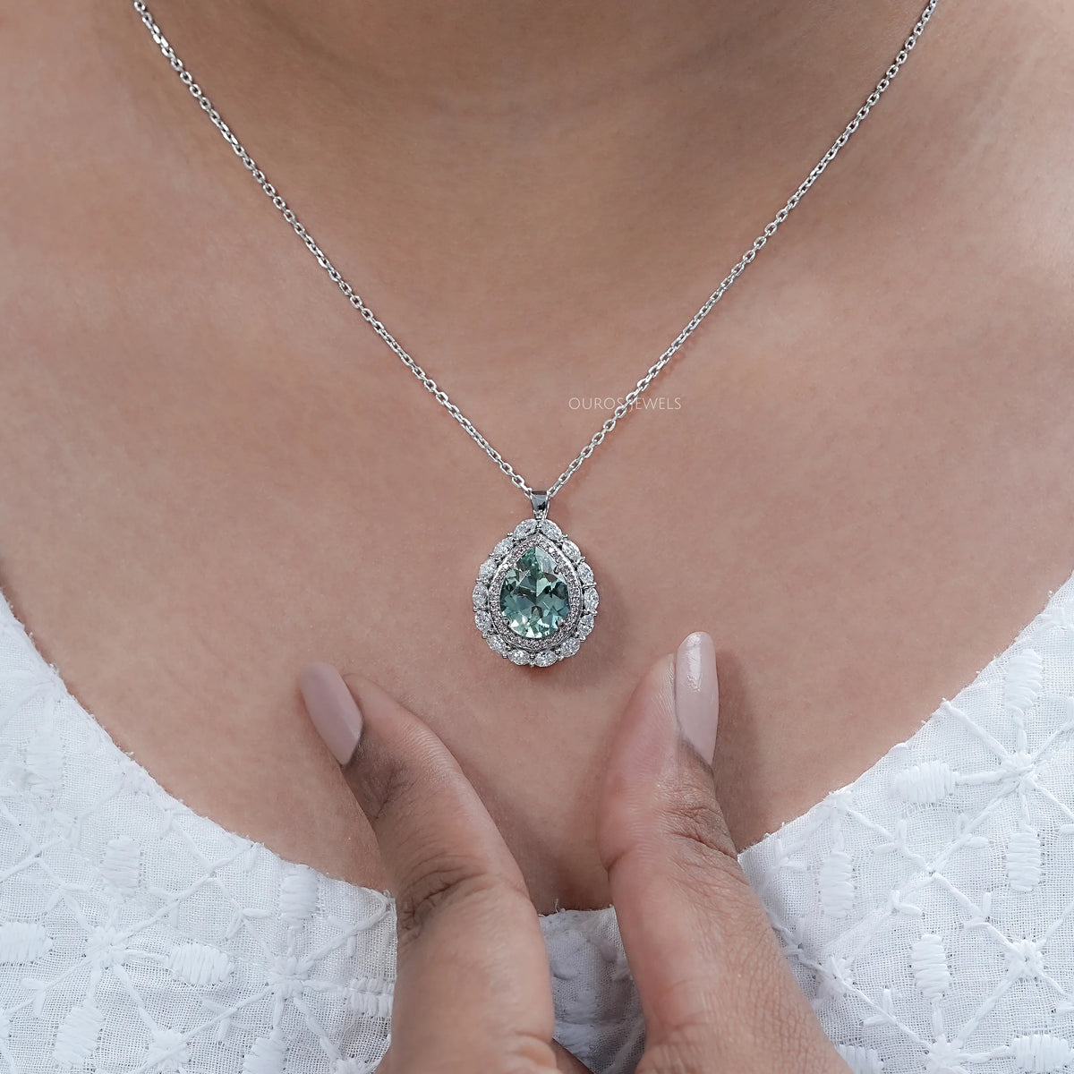 Aquamarine Pear Gemstone Double Halo Pendant