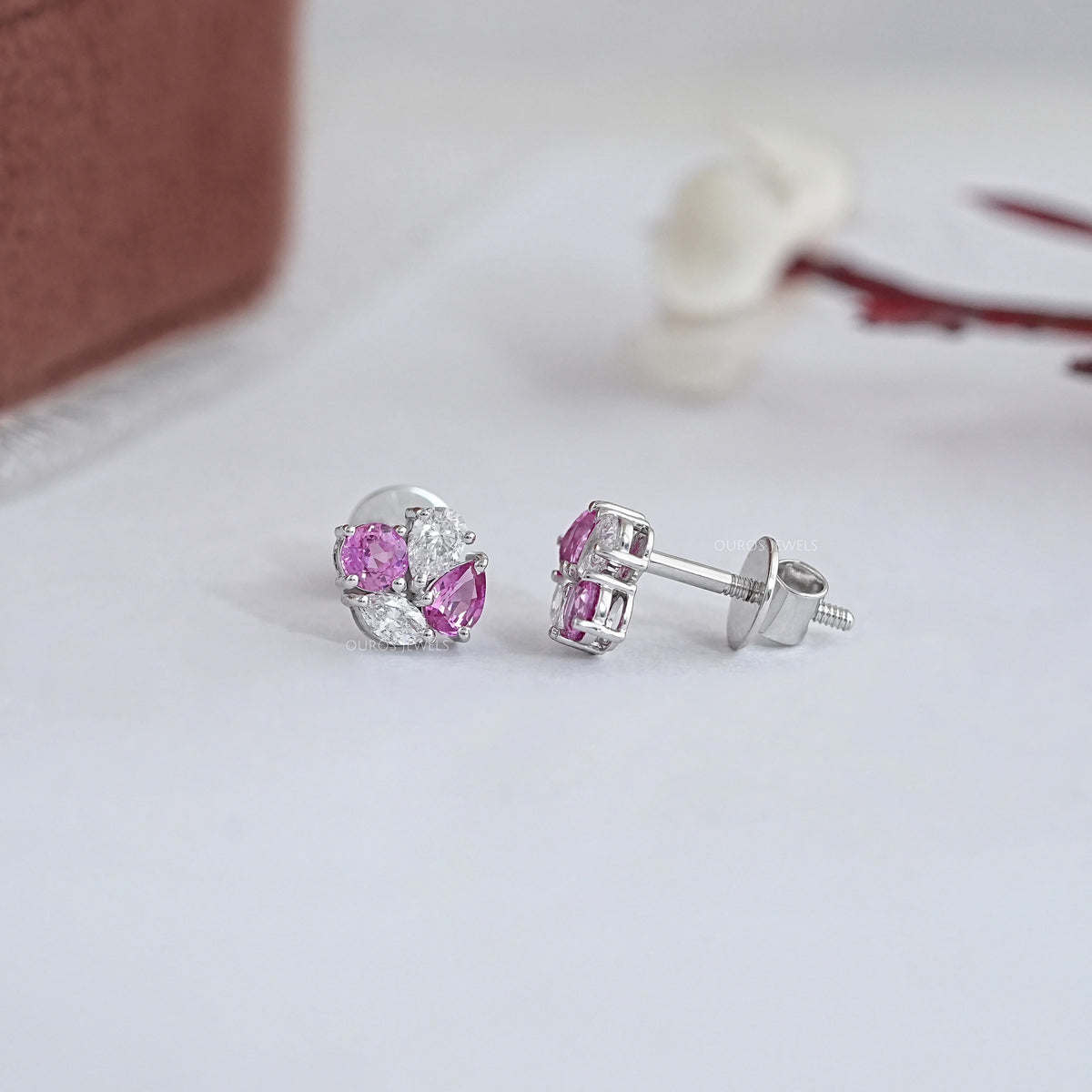 Pink Pear And Round Diamond Cluster Earrings Earrings
