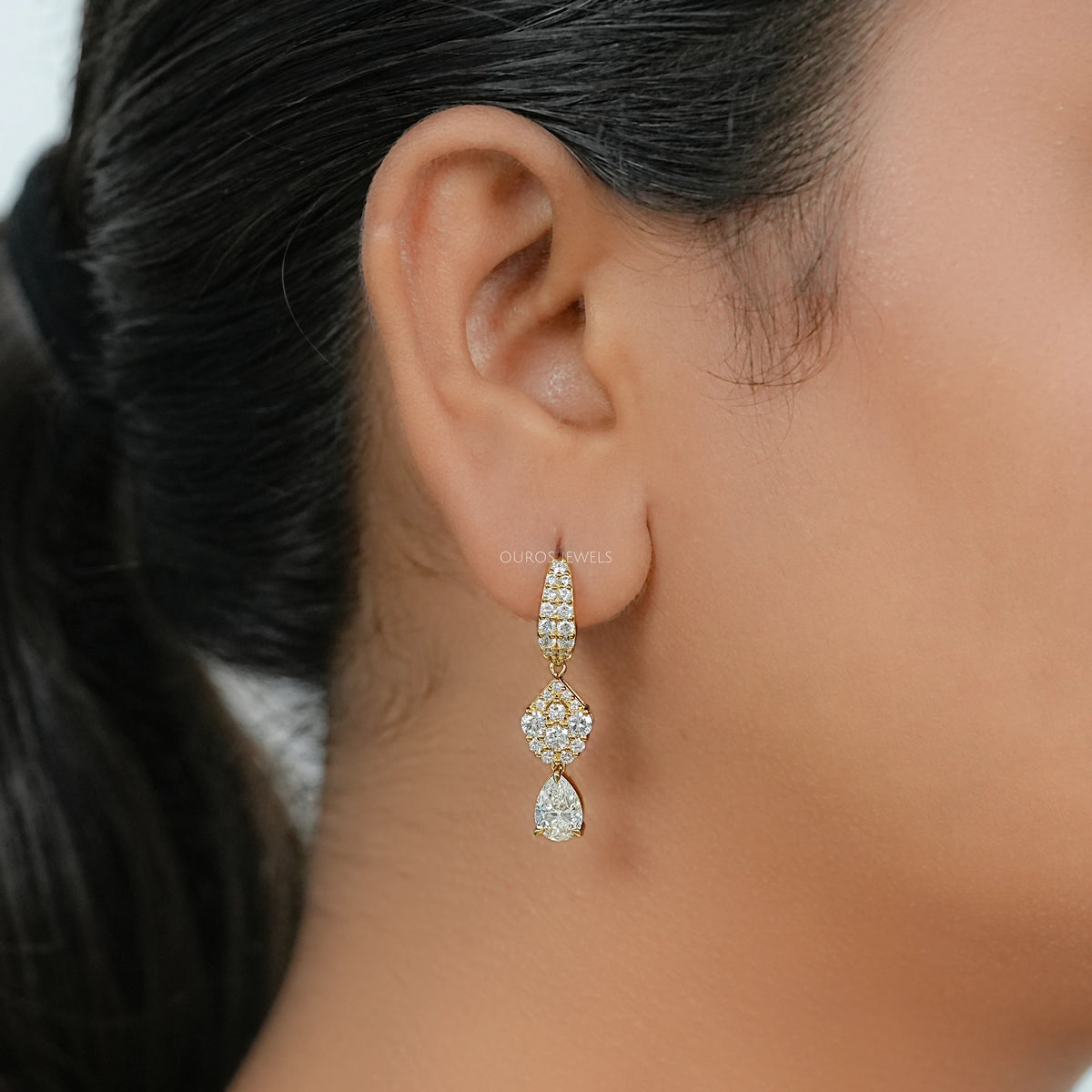 Pear And Round Diamond Pave Dangle Hoop Earrings