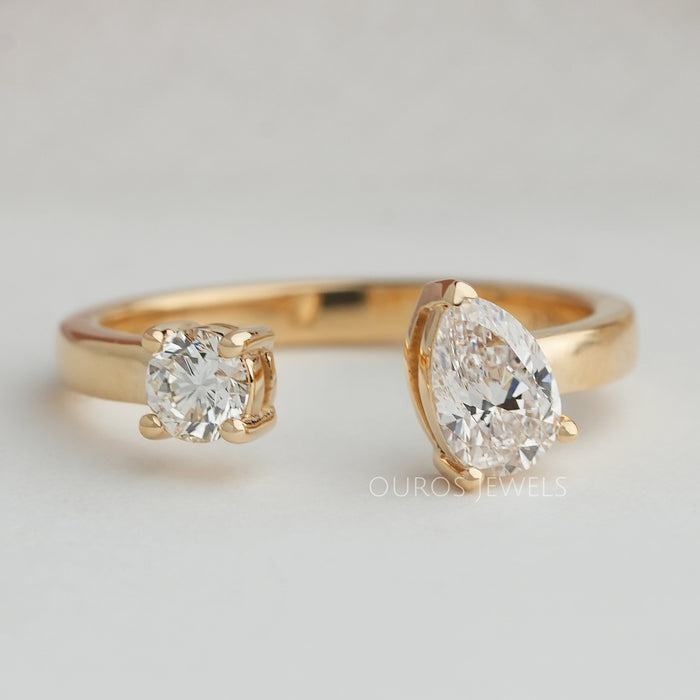 Pear And Round Cut Lab Diamond Open Cuff Ring