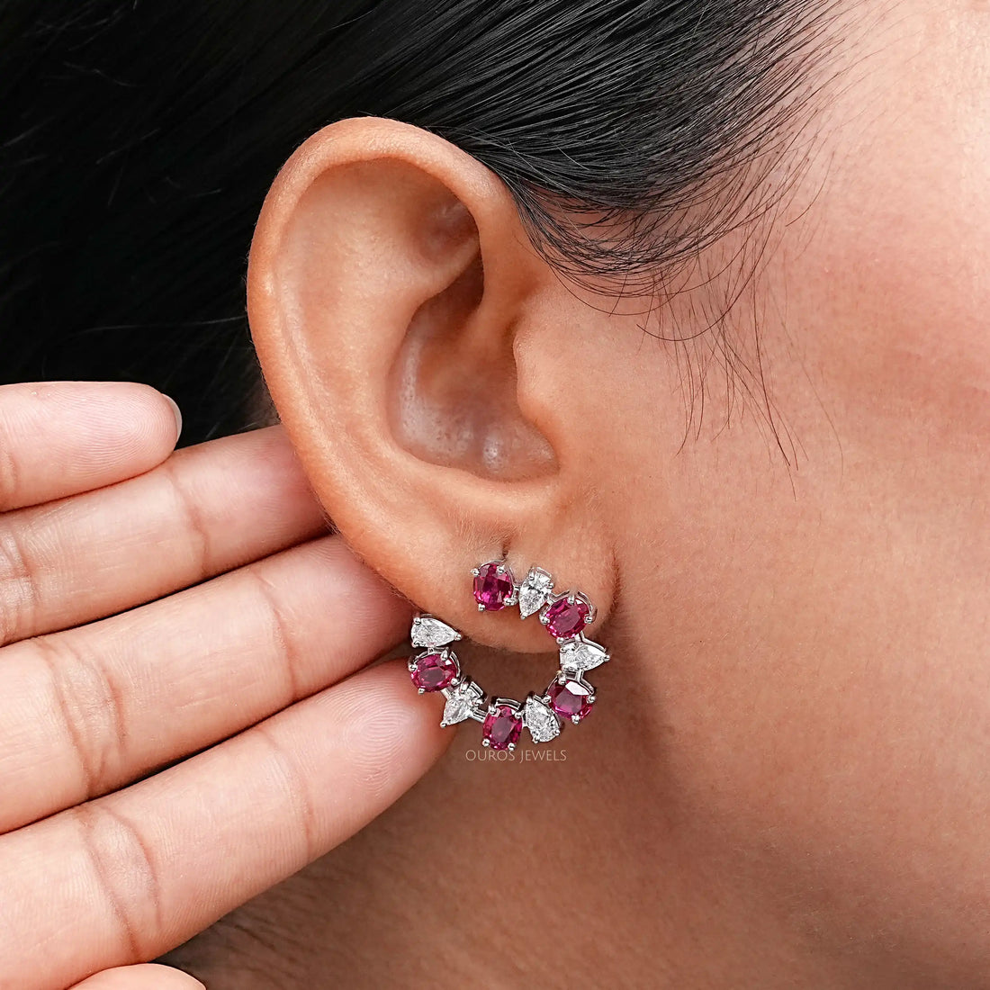 Pear and Red Oval Diamond Stud Earring Earring