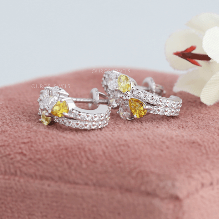 Yellow Pear And Round Cut Cluster Diamond Earrings