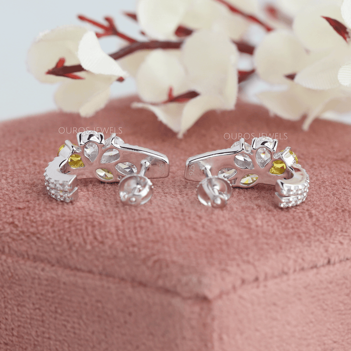 Yellow Pear And Round Cut Cluster Diamond Earrings