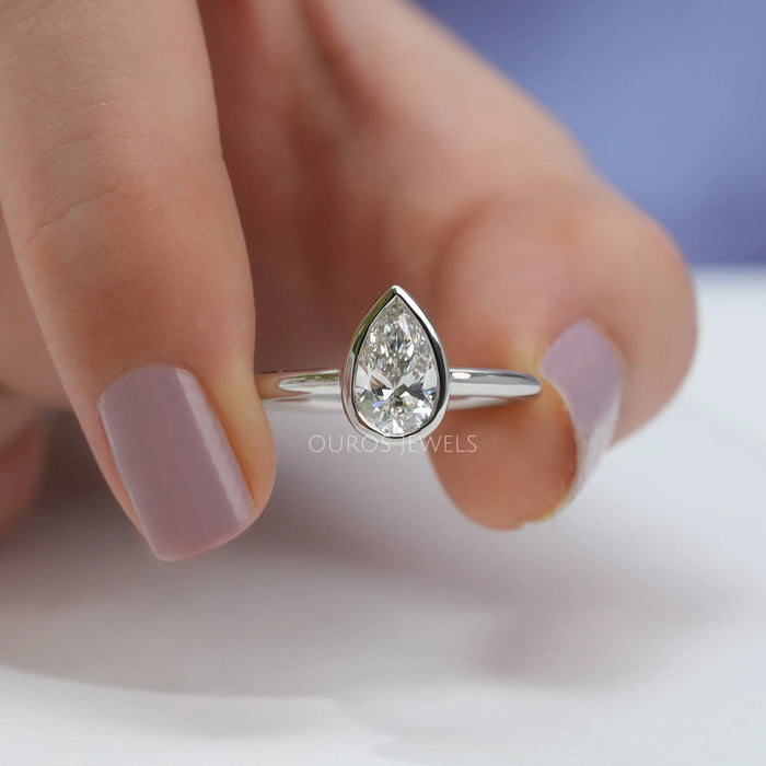 [1.05 Carat Pear Cut Diamond Ring With White Gold Bezel Setting]-[Ouros Jewels]