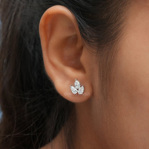 Three Stone Pear Cut Lab Diamond Stud Earrings