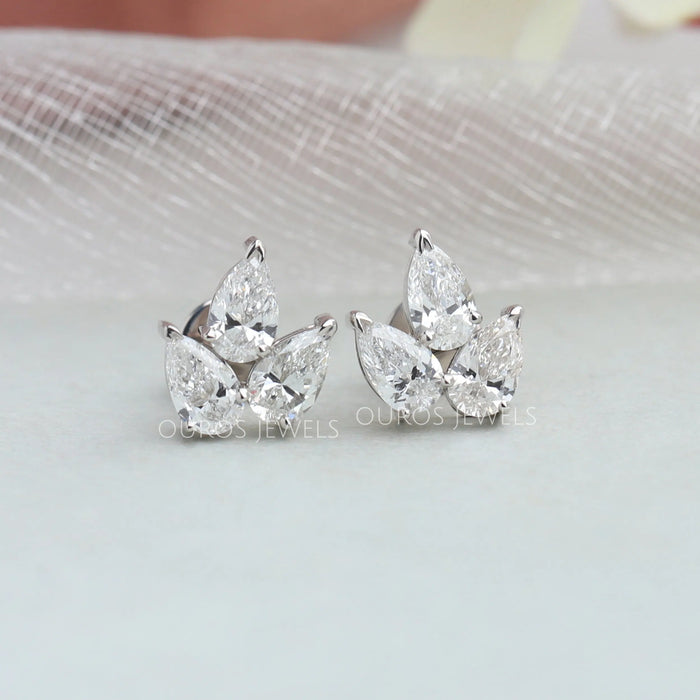 Three Stone Pear Cut Lab Diamond Stud Earrings