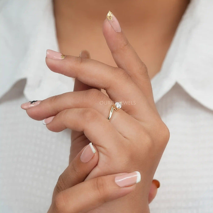 [A Women Wearing Pear Cut Diamond Engagement Ring]-[Ouros Jewels]