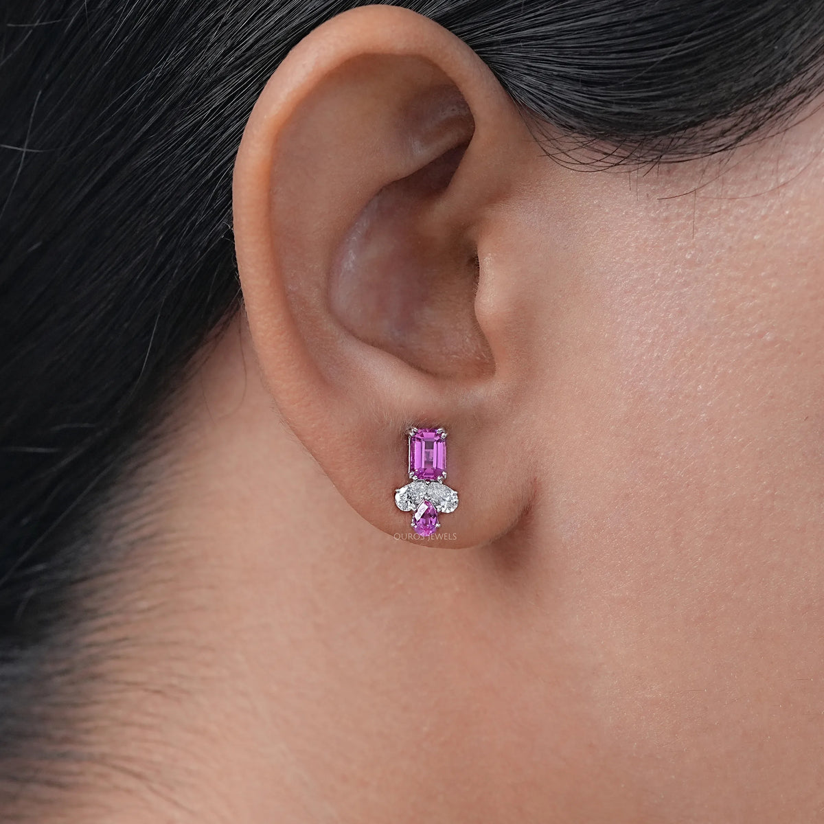 Lab Pink Emerald Gemstone Stud Earrings Earrings