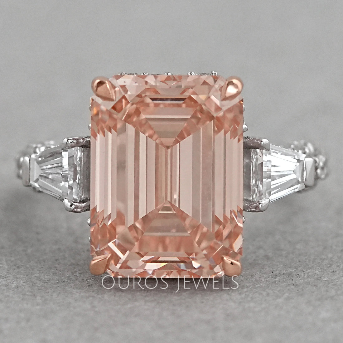 Pink Emerald Lab Diamond Three Stone Hidden Halo Ring Rings