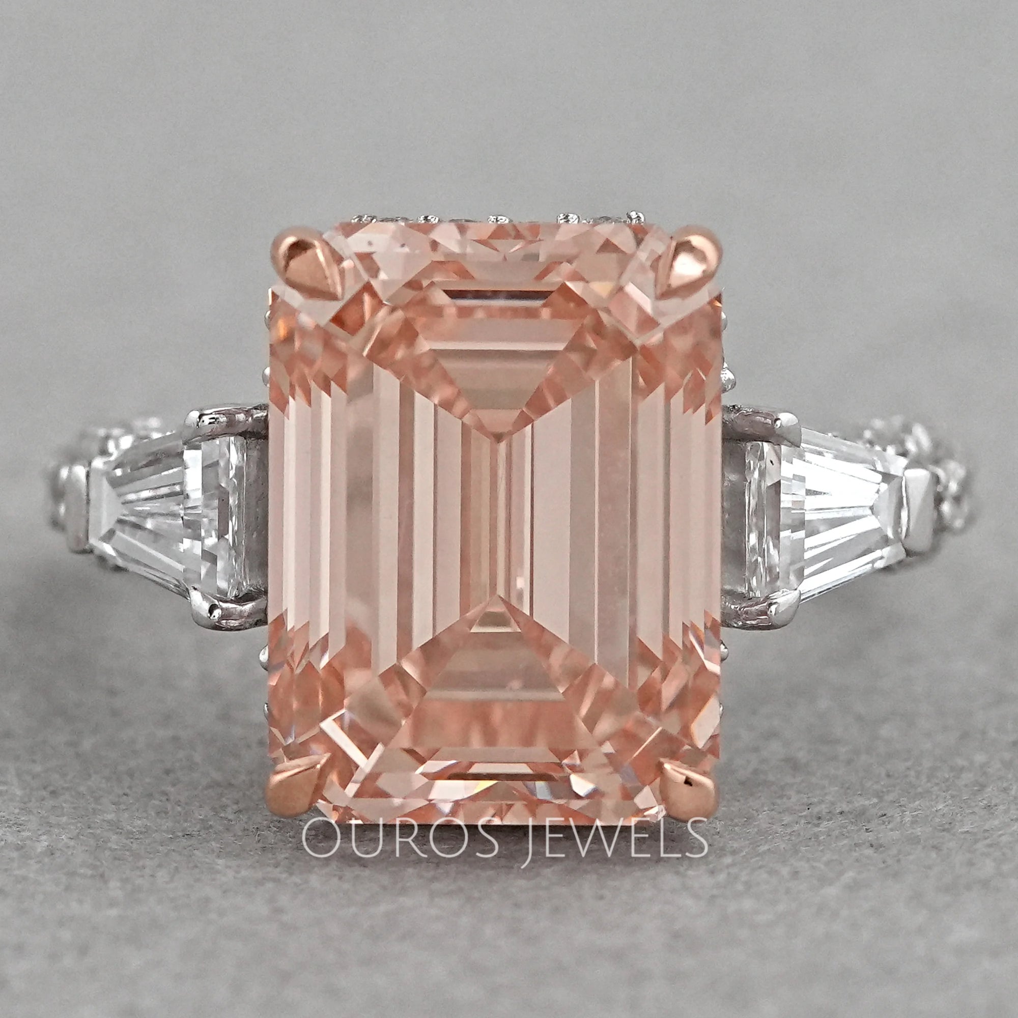 Pink Emerald Lab Diamond Three Stone Hidden Halo Ring Rings