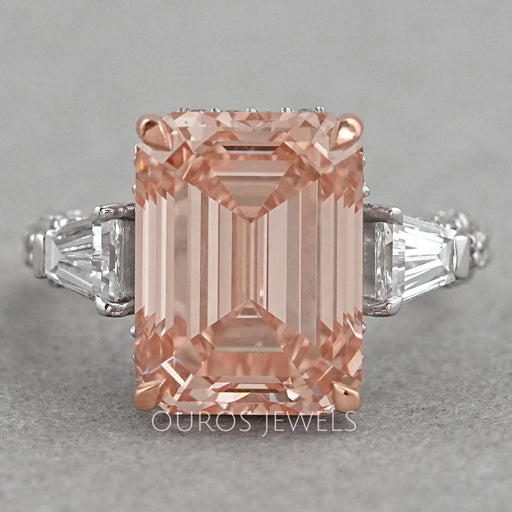 Pink Emerald Lab Diamond Three Stone Hidden Halo Ring Rings