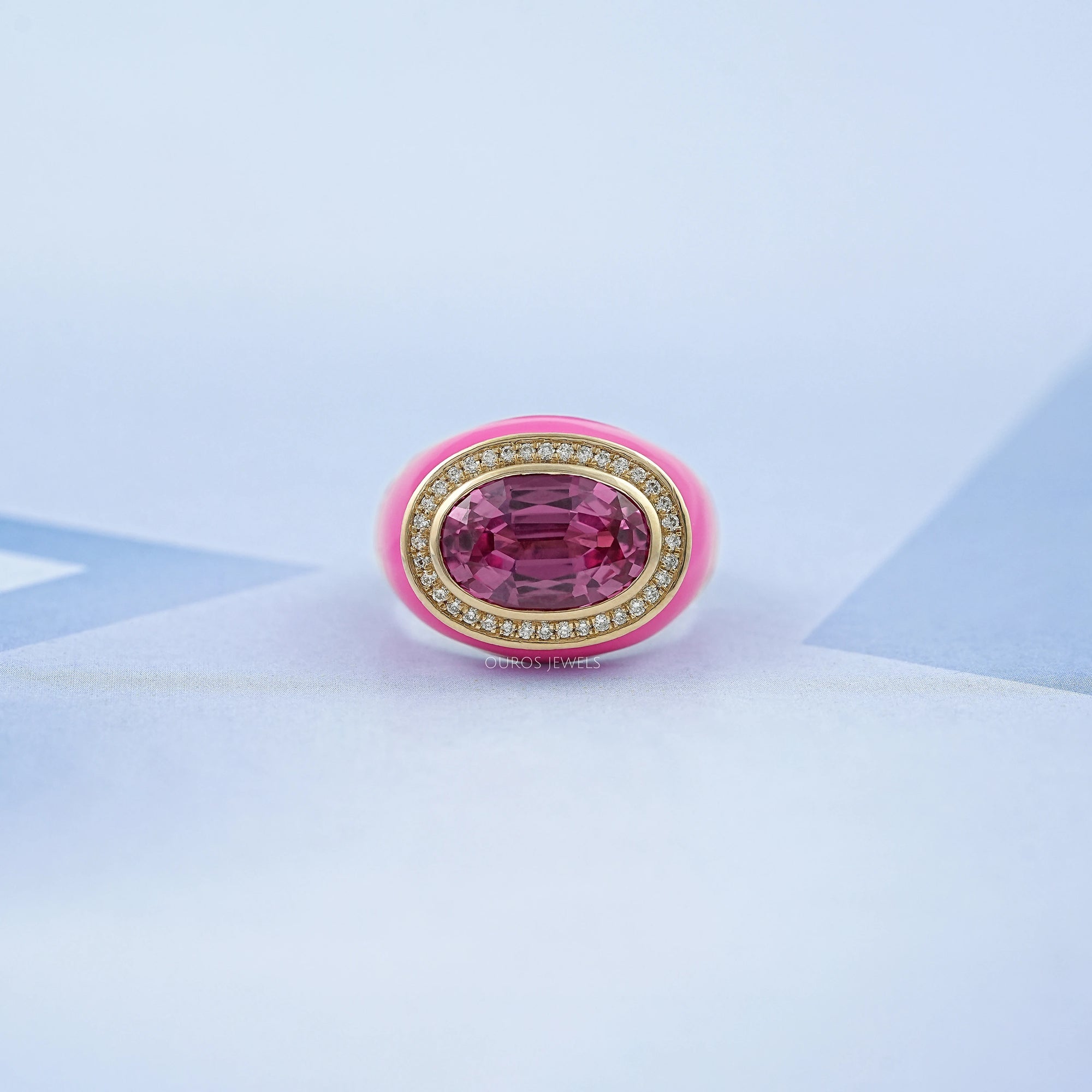Blue Topaz East West Oval With Enamel Cocktail Ring Pink Gemstone Rings