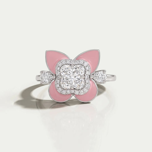 Floral Diamond With Pink Enamel Ring Ring