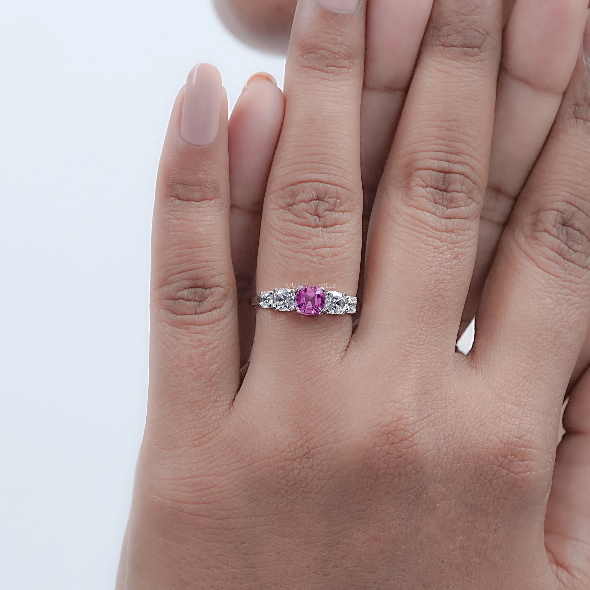 Five Stone Pink Square Cushion Cut Engagement Ring