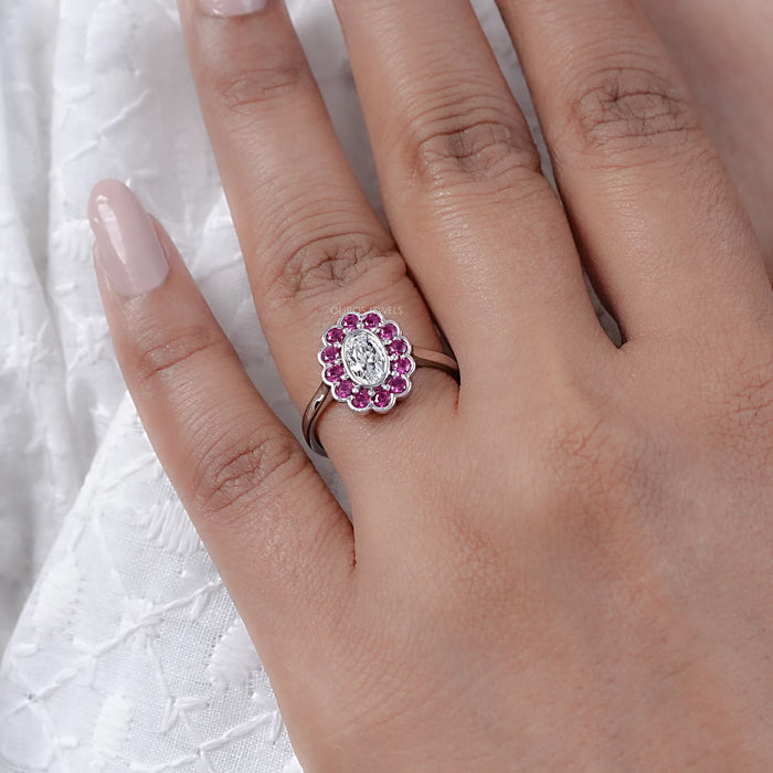 Old Mine Oval Cut Pink Halo Floral Engagement Ring Ring