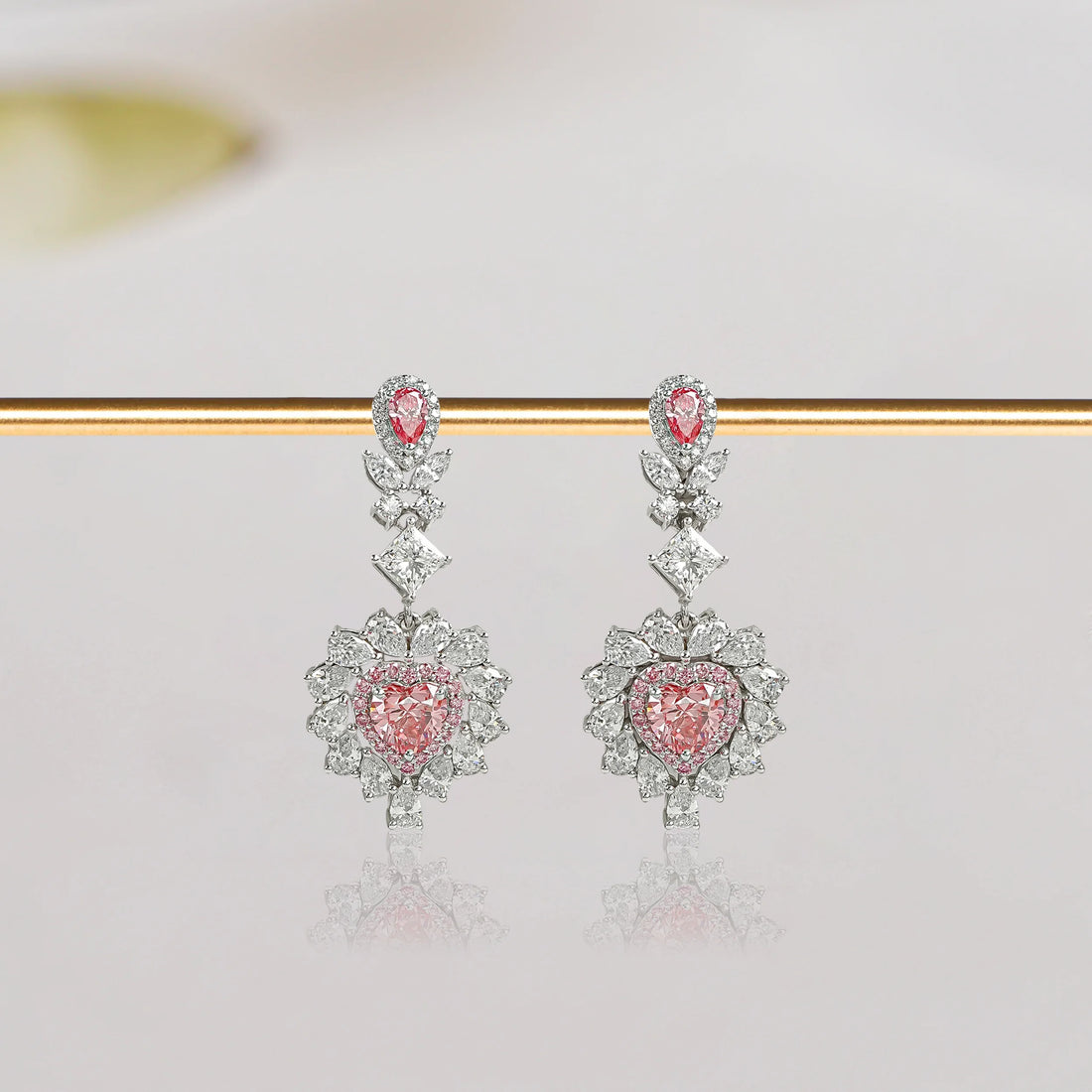 Pink Heart Cut Double Halo Drop Dangle Earrings Earrings