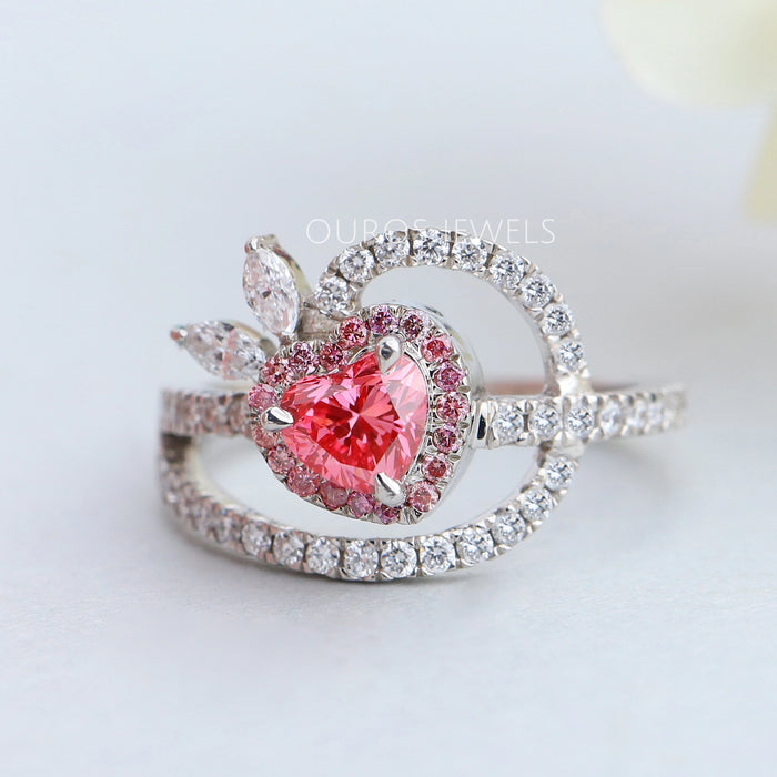 Pink Heart Cut Halo Anniversary Ring