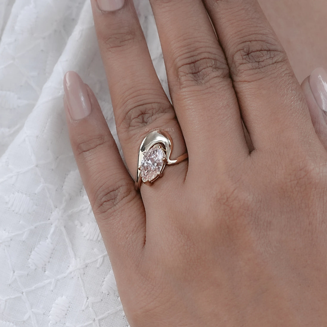 Pink Marquise Cut Lab Diamond Bypass Ring in Yellow Gold Ring