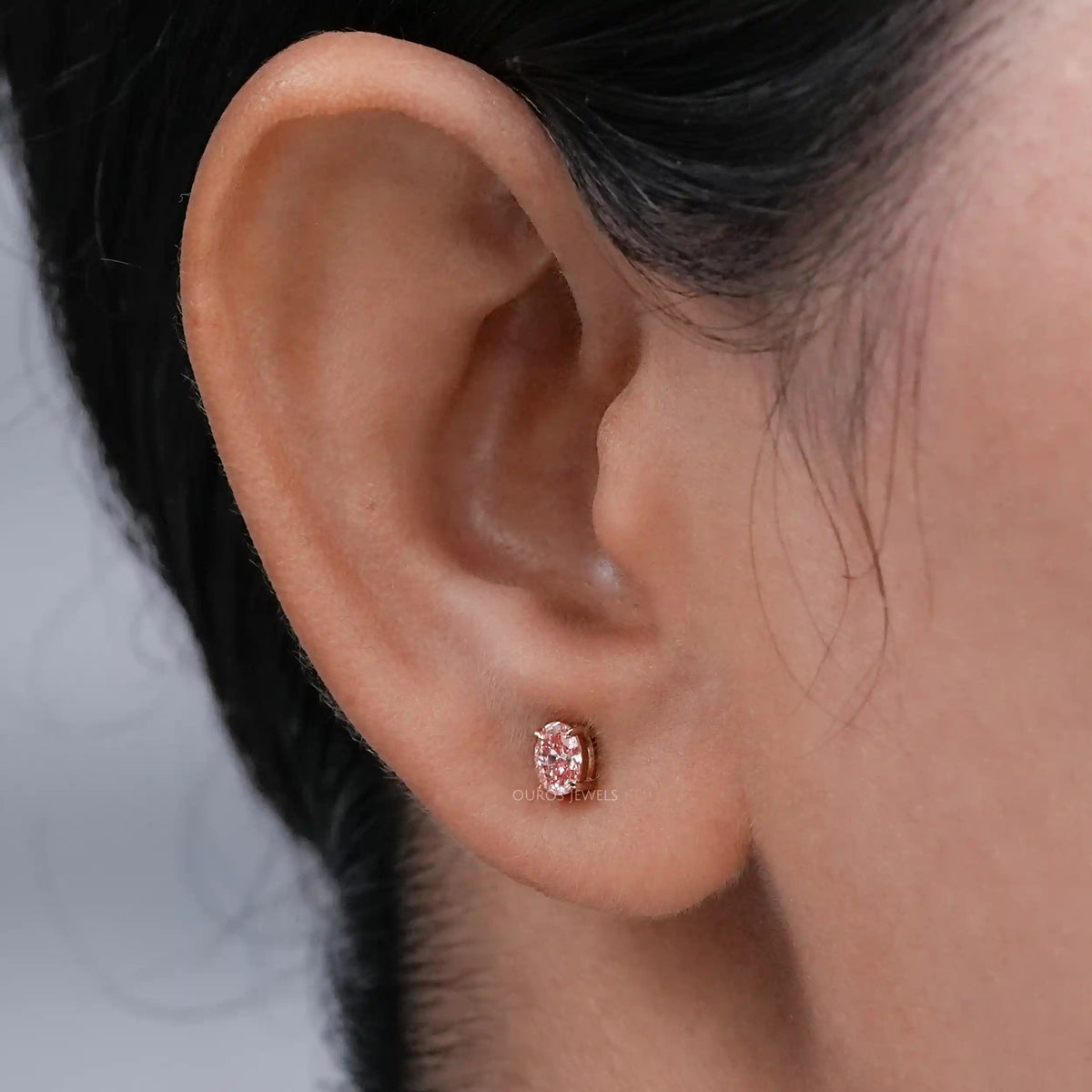 Fancy Pink Stud Earrings, 14K Yellow Gold Oval Stud Earrings