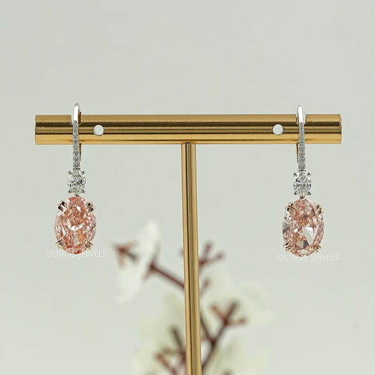 Pink Oval Cut Diamond Drop Hoop Earrings Earring