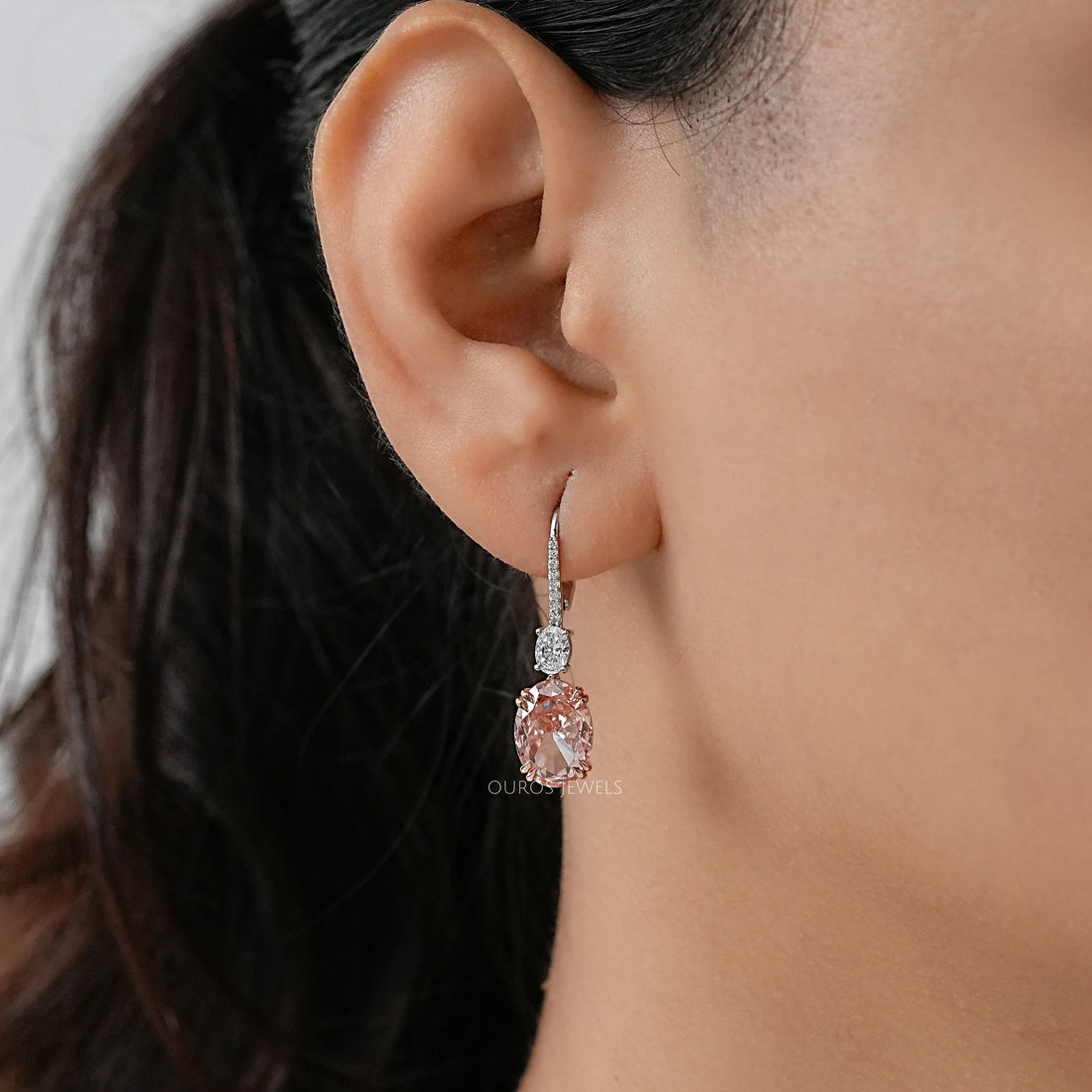 Pink Oval Cut Diamond Drop Hoop Earrings Earring