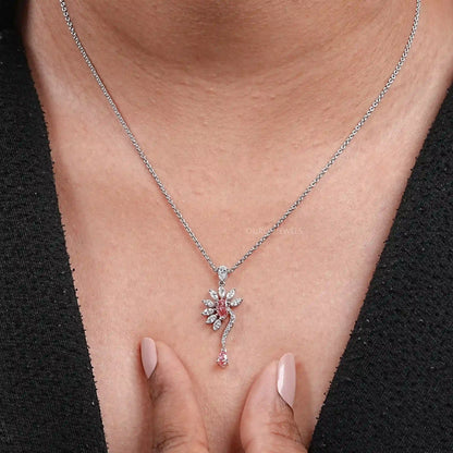 Pink Pear Flower Shape Diamond Pendant Necklaces