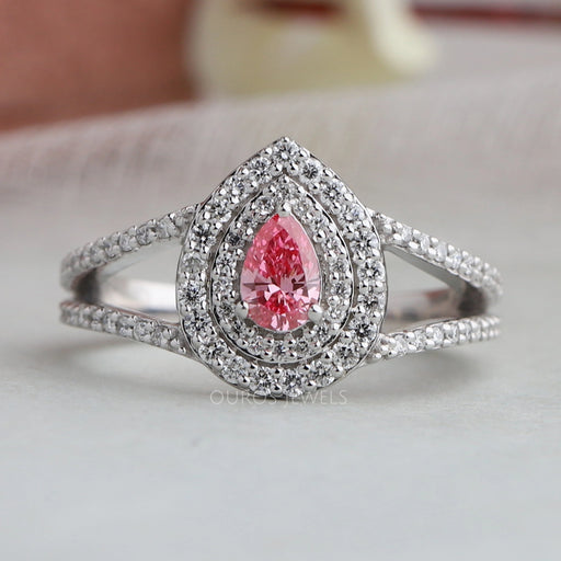 Pink Pear Diamond Double Halo Split Engagement Ring